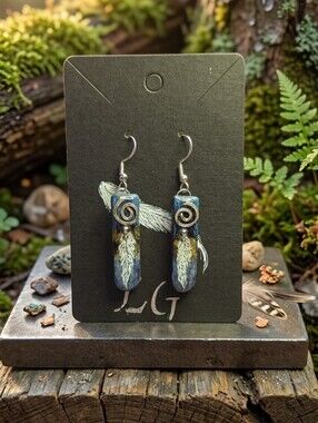 Hand-Painted Feather Dangle Earrings - Blue